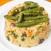 Vegan Quinoa Salad · Quinoa, carrots, celery, tomatoes, onion, green beans, and red wine vinaigrette.