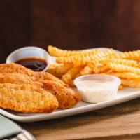 Chicken Tenders · Juicy fried chicken on a bed of Cajun fries served with a side of ranch dressing.
