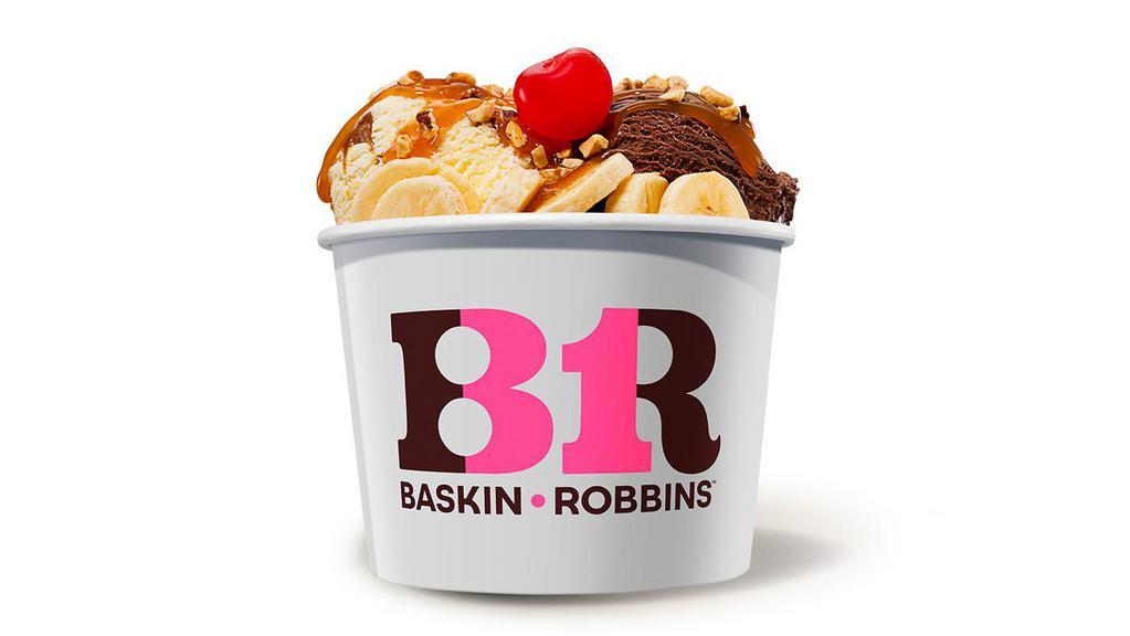 Banana Royale · Two of your favorite ice cream flavors topped off with bananas, hot fudge, chopped almonds, and a cherry.