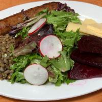 Green - Grilled Sausage Salad · choice of grilled sausage, mixed greens, mustard vinaigrette, lentil salad, sliced beets, Ma...