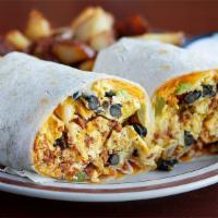 Breakfast Burrito · Scrambled eggs, chorizo, bell peppers, cilantro, avocado, beans and cheddar cheese with sour...