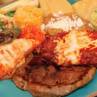 Plato Mexicano · Chile Relleno, Enchilada & Carne Asada combination, served with Rice, 
Beans, Guacamole, Pic...