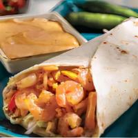 Burrito Del Mar · Shrimp or fish, Grilled Onions and Bell Peppers, Cabbage, Rice, Beans, Pico de Gallo, 
Chees...