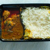 Chicken rice plate · Chicken curry + plain rice + chapati or paratha + koshimbir( raita ) +papad .