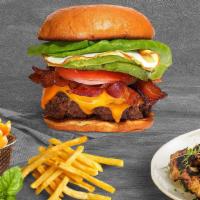 Boujee Combo Bacon & Egg Burger · American beef patty topped with bacon, fried egg, avocado, melted cheese, lettuce, tomato, c...