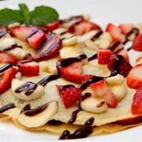 Strawberry-Banana Crepe · Includes fresh strawberries & bananas, 2 ice cream scoops, nutella, powdered sugar, chocolat...