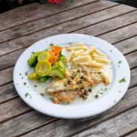 Sautéed Petrale Sole · Creamy sauce w/Garlic, White Wine & Capers. Comes with side of vegetables and penne alfredo