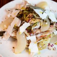 CASTELFRANCO · Radicchio salad, Grana Padano, Bartlett pear, herbed crostini, creamy garlic dressing.