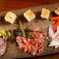 SALUMI · Board of homemade assorted charcuterie, homemade pickled vegetables, house baked breadsticks.