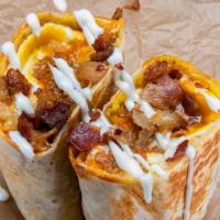 Borracho Burrito · 3 eggs, smoked bacon, haus chili, white American cheese, crispy tater tots, mayo; side hot s...