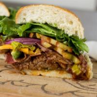 Super Hero Sandwich · Tri-tip with BBQ sauce, Cheddar cheese, bacon & avocado.
