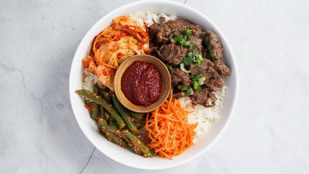 Korean Steak Bowl by Hom Korean Kitchen · By Hom Korean Kitchen. Ribeye cut premium beef served with your choice of rice and 3 banchans. Contains gluten, sesame, and soy. We cannot make substitutions.