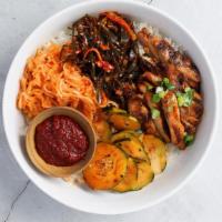 BBQ Chicken Bowl by Hom Korean Kitchen · By Hom Korean Kitchen. Hormone-free in our HoM-made marinade. Contains gluten, sesame, and s...