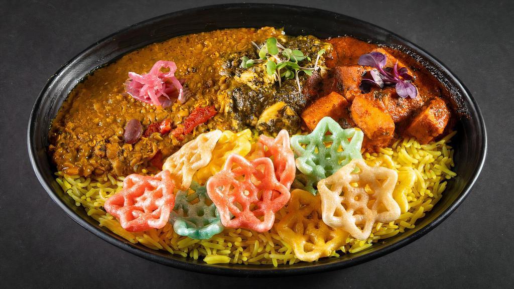 Punjabi By Nature Bowl (V, GF) by Curry Up Now · By Curry Up Now. Saag paneer and tikka masala with rice, homestyle daal lentils, and choice of protein. Served with vegan chicharrons. Contains gluten and dairy. We cannot make substitutions.
