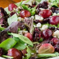 Spring (Single) · Mixed spring greens, red grapes, dried cranberries, Gorgonzola cheese served with shallot vi...