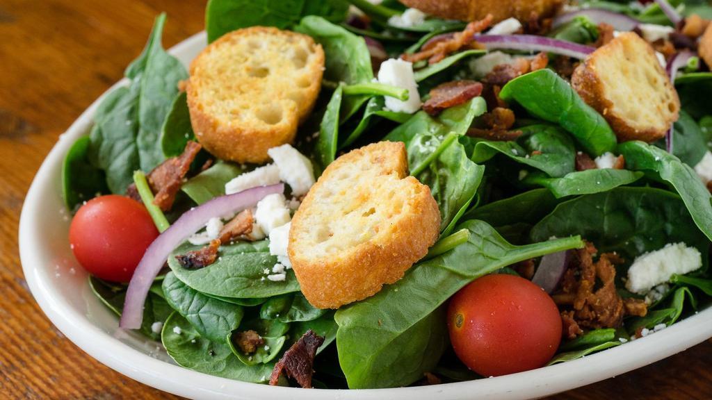 Spinach (Single) · Baby spinach, feta cheese, croutons, red onion, and tomatoes (bacon optional).