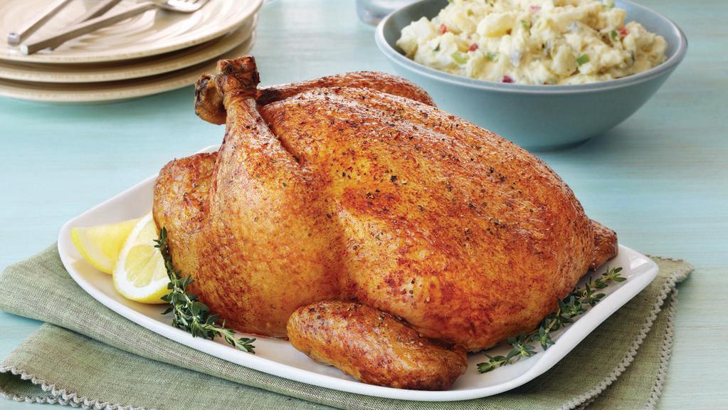 Whole Roasted Chicken · Fully cooked tender juicy white and dark meat, enough to serve two-four.