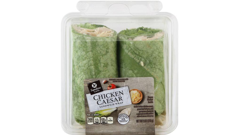 Caesar Wrap · Grilled white chicken meat, green leaf lettuce, and parmesan cheese wrapped in a spinach tortilla with a side of caesar dressing