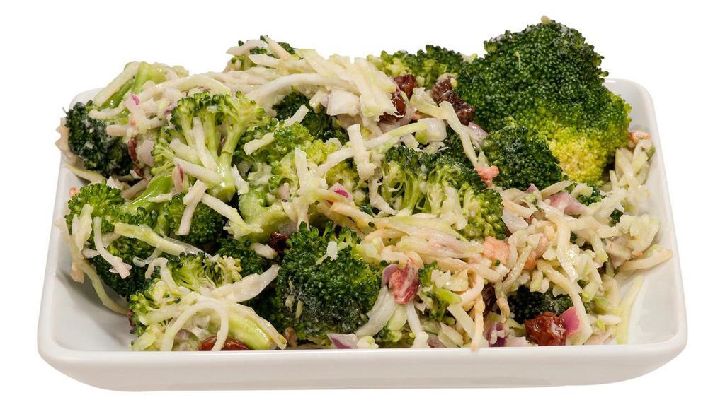 Broccoli Crunch Salad · Shredded broccoli, bacon bits, raisins, red onion, sunflower seeds, shredded carrots all tossed in a sweet dressing.