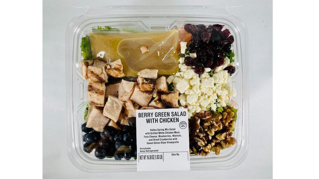 Chicken & Berry Salad 16.5 oz. · Valley Spring Mix Salad with Grilled White Chicken Meat, Feta Cheese, Blueberries, Walnuts, and Dried Cranberries with Sweet Onion Dijon Vinaigrette