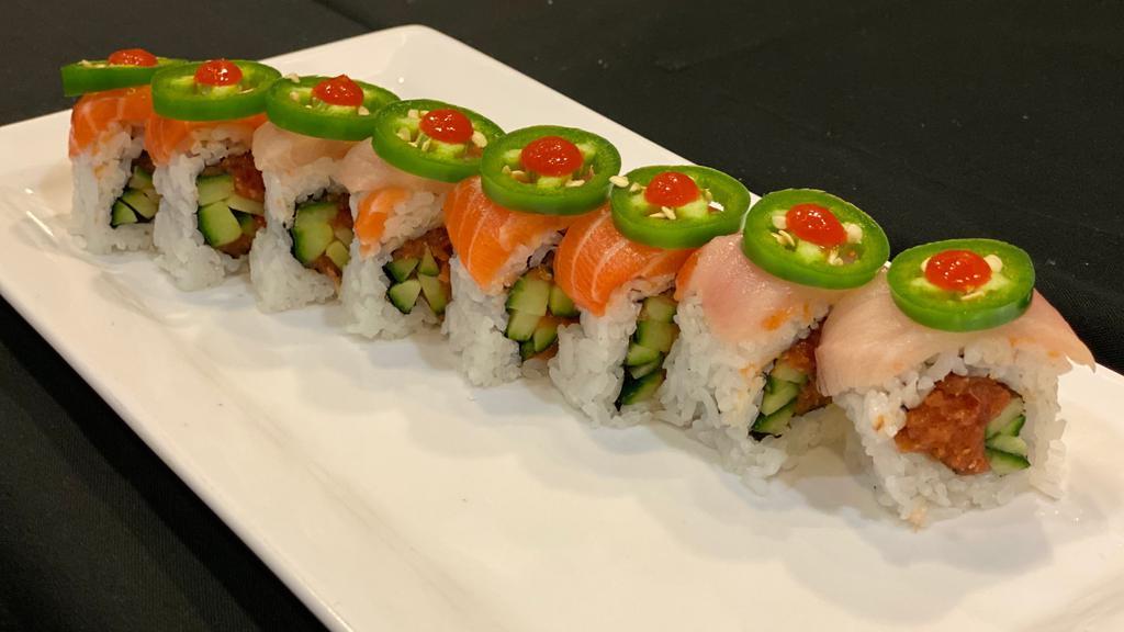 Sequoia Station Roll   · [Spicy Tuna, Cucumber] 
Salmon, Yellow tail, sliced Jalapeno w/Spicy Garlic Sauce