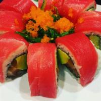 Cherry Blossom · Inside: crab meat, avocado. Outside: tuna, tobiko.