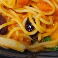 Spaghetti Puttanesca (Vegetarian) · Black olives, capers, sliced garlic, parsley in a slightly spicy marinara sauce