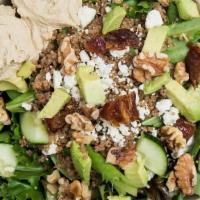 The Yummus Bowl · Spring Mix and Quinoa base, topped with Dates, Cucumber, Hummus (mixed with beet juice for O...