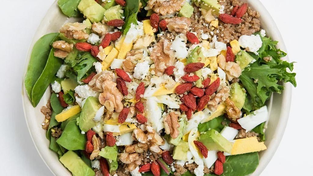 The Balanced Bowl · Spring Mix and Quinoa base, topped with Gogi Berries, Hemp Seeds, Hard-Boiled Egg, Avocado, Feta Cheese, Walnuts, and your choice of dressing.