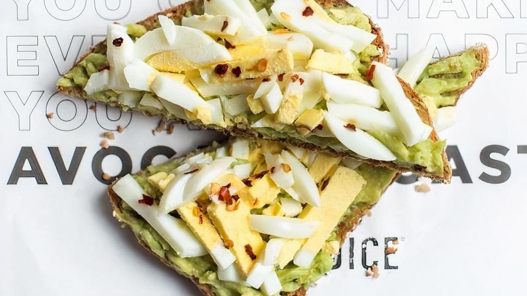 The Protein Toast · Sprouted Toast, Avocado, Hard-boiled Egg, Extra Virgin Olive Oil, Lemon Juice Red Pepper Flakes, Lemon Juice. Nutrition Info Sprouted Grain/Gluten Free. Total Calories - 340/390. Calories from Fat - 200/200. Total Fat - 22/22 g. Saturated Fat - 4/5 g. Trans Fat - 0 g. Cholesterol - 160/160 mg. Sodium - 240/460 mg. Total Carbs - 27/41 g. Dietary Fiber - 6/5 g. Sugars - 4/3 g. Protein - 12/8 g