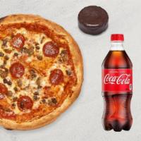Mega Pizza Meal · Create Your Own Mega-size pizza, a bottled beverage, and a No Name Cake