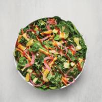Zesty Asian Pineapple Salad - Flash Mod · Spinach, kale & broccoli power blend, Greek herb & tahini dressing, cucumber, pineapple, pic...