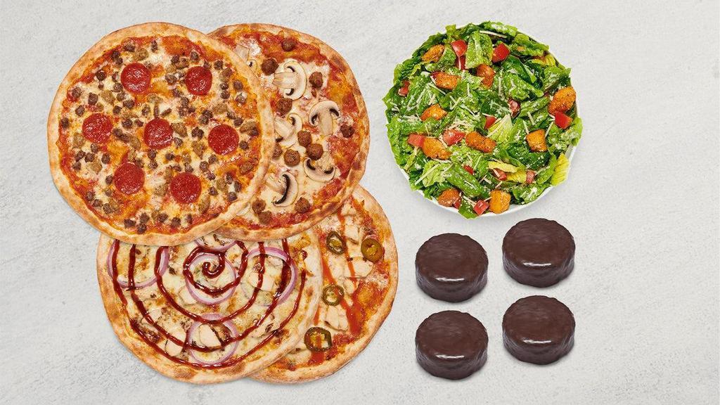 MOD Quad: Pizza, Salad, Dessert · Four MOD-size pizzas, one MOD-size salad to share, and four No Name Cakes