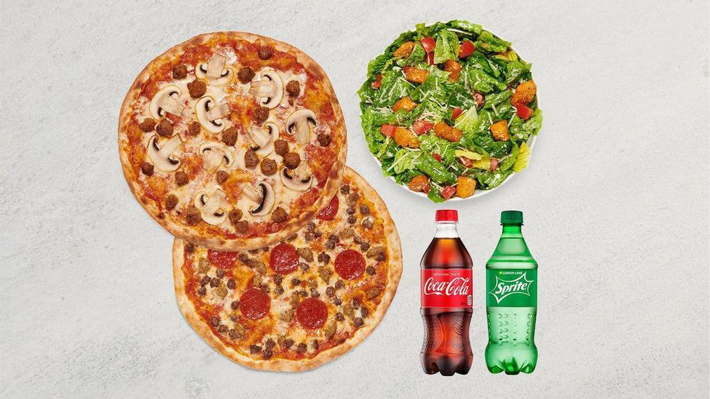 Mod Double: Pizza, Salad, Drinks · Two MOD-size pizzas, one Mini-size side salad, and two bottled beverages