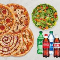 Mod Quad: Pizza, Salad, Drinks · Four MOD-size pizzas, one MOD-size salad to share, and four bottled beverages