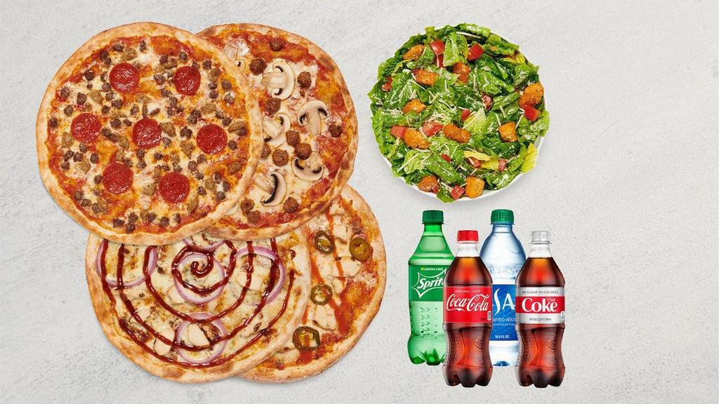 MOD Quad: Pizza, Salad, Drinks · Four MOD-size pizzas, one MOD-size salad to share, and four bottled beverages