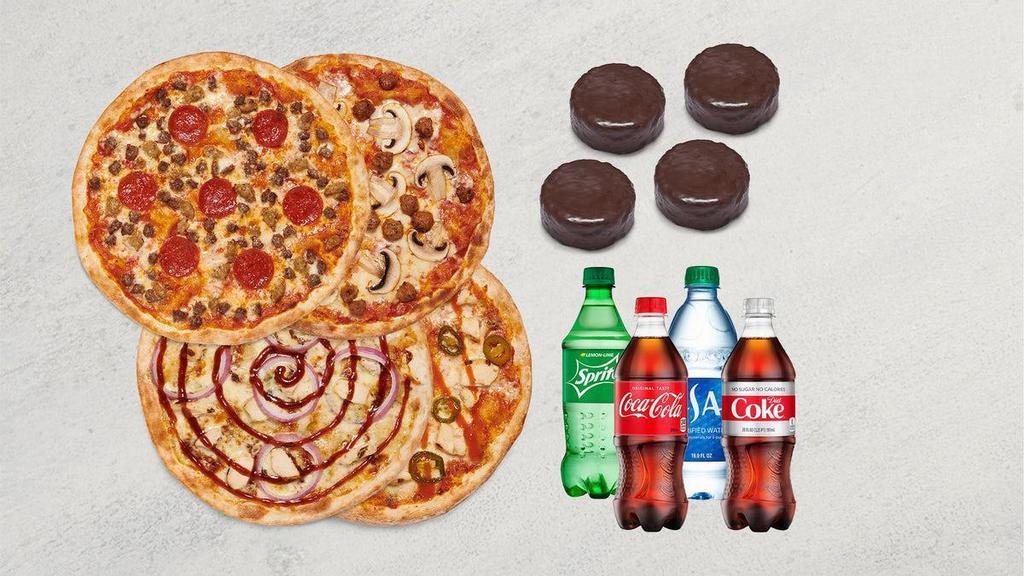 Mod Quad: Pizza, Drinks, Dessert · Four MOD-size pizzas, four bottled beverages, and four No Name Cakes