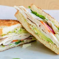 Turkey Sprout Sandwich w/ Avocado · Choose between croissant, bagel, or white or wheat bread.
Sandwich comes with sprouts, turke...
