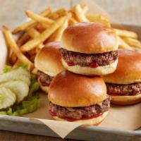 Sliders With Fries* · Four beef patties | fluffy mini buns | grilled onions | lettuce | dill pickles | ketchup | s...