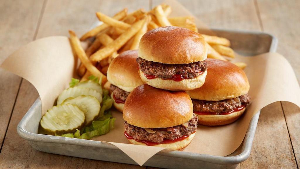 Sliders With Fries* · Four beef patties | fluffy mini buns | grilled onions | lettuce | dill pickles | ketchup | served with fries