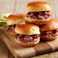 Bbq Tri-Tip Sliders* · Marinated, slow-roasted, sliced sirloin | BJ’s Peppered BBQ sauce | BBQ ranch | fluffy mini ...