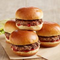 Sliders* · Four beef patties | fluffy mini buns | grilled onions | lettuce | dill pickles | ketchup