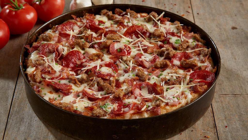 Gourmet Five Meat Pizza - Large · Housemade meatballs | pepperoni | smoked ham | applewood smoked bacon | italian sausage | parmesan cheese