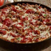 Gourmet Five Meat Pizza - Shareable · Housemade meatballs | pepperoni | smoked ham | applewood smoked bacon | italian sausage | pa...