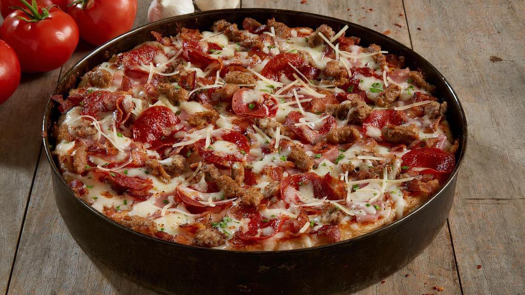 Gourmet Five Meat Pizza - Shareable · Housemade meatballs | pepperoni | smoked ham | applewood smoked bacon | italian sausage | parmesan cheese