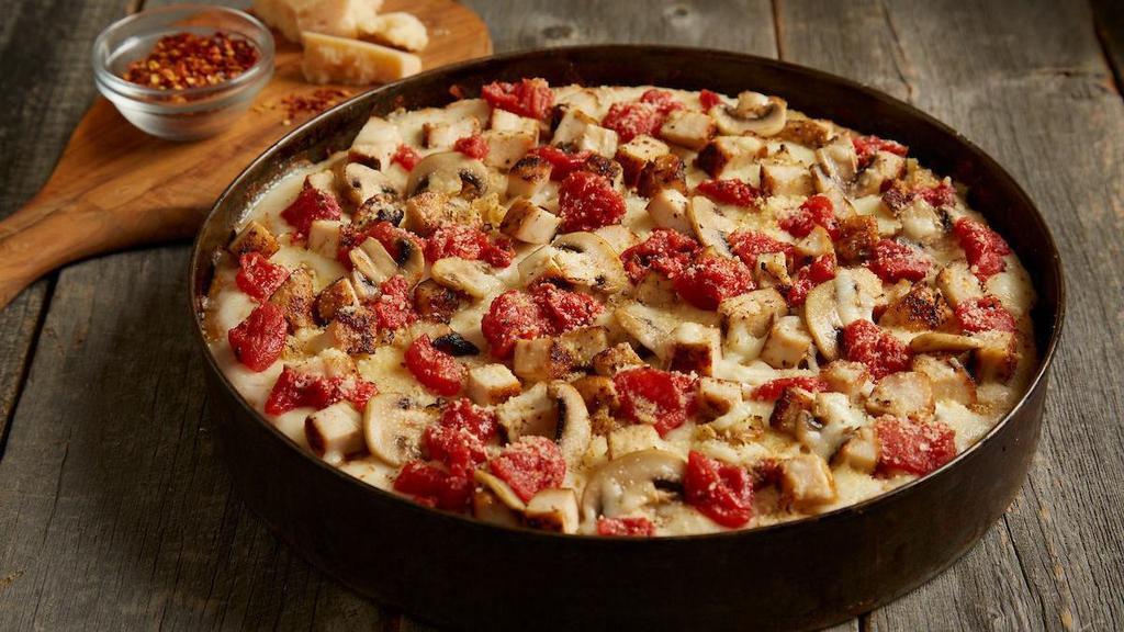 Great White® Pizza - Large · Grilled chicken | creamy alfredo | mushrooms | roasted garlic | parmesan cheese | seasoned tomatoes