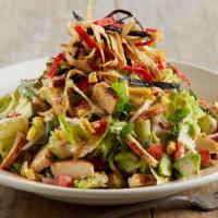 Santa Fe Salad · Blackened chicken breast | crisp romaine | red onions | fire-roasted red  peppers | jack + c...