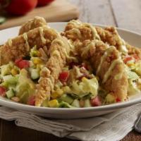 Honey-Crisp Chicken Salad · Fried chicken tenders | crisp romaine | iceberg lettuce | toasted almonds | cucumbers | hard...