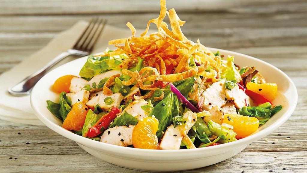 Enlightened Asian Chopped Salad · Grilled chicken | baby field greens | napa cabbage | romaine | red bell peppers | snap peas | green onions | carrots | sesame seeds | crispy wonton strips | cilantro | mandarin oranges | honey ginger dressing