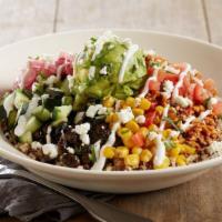Cauliflower & Quinoa Power Bowl · Roasted barbacoa cauliflower | Peruvian quinoa + brown rice | black beans | corn + fire-roas...